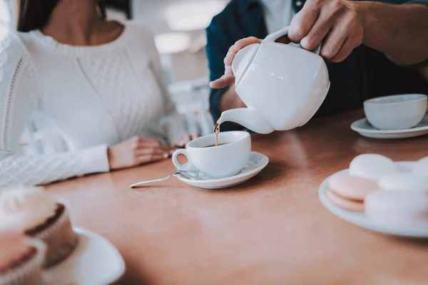 Teapot Together Cafe Cheerful Girl Drink Tea Have Fun Tea — Stock Photo, Image