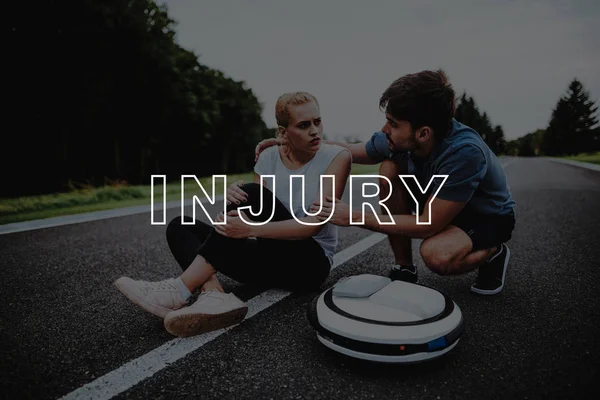 Man Approached. Injury. Fell. Hurts. Rubs. Bruised Leg. Woman. Driving. Park. Monocycle. Relaxation. Female. Road. Upset. Country Park. Gyroboard. Love Story. Park. People. Have Fun. Young People.