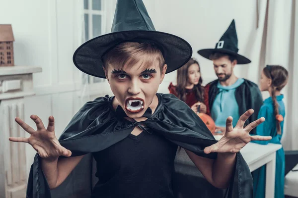 Portrait Boy Wearing Scary Halloween Costume Adult Handsome Man Little — Stock Photo, Image