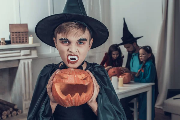Portrait Boy Wearing Scary Halloween Costume Adult Handsome Man Little — Stock Photo, Image