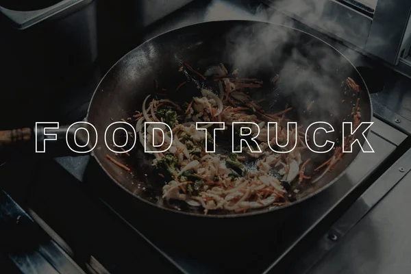 Chinese Noodles Wok Cooking Food Truck Concept Prepair Dinner Tasty — Stock Photo, Image