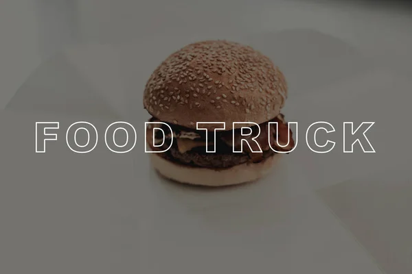 Juicy Hot Burger Close Food Truck Cooking Prepair Dinner Tasty — Stock Photo, Image