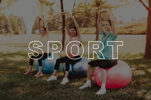 Exercise. Hands Up. Balls for Yoga. Smiling. Pregnancy Yoga. Colorful. Sportswear. Yoga Mats. Coach. Park. Bodycare. Girls. Belly. Have Fun. Happiness. Healthy Lifestyle. Crossfit. Mom. Parenthood.