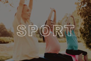 Eller yukarı. Yoga için top. Gülümseyerek. Gebelik Yoga. Renkli. Spor giyim. Egzersiz. Yoga paspaslar. Koç. Park. İlgilenmek. Kızlar. Göbek. İyi eğlenceler. Mutluluk. Sağlıklı bir yaşam tarzı. CrossFit. Anne. Ebeveynlik.