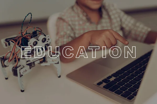 Little Boy Flannel Working Laptop Grey Robot Nearby Holiday Leisure — Stock Photo, Image