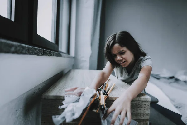 Sad Girl Sits Table Has Probem Homework Portrait Little Dark — Stock Photo, Image