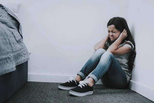 Crying Girl Sits Floor Closes Ears Eyes Closeup Portrait Scared — Stock Photo, Image