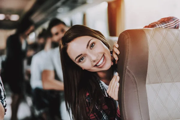 Young Smiling Woman Traveling Tourist Bus Happy Beautiful Woman Having — Stock Photo, Image