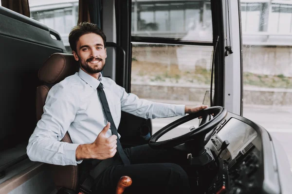 Smiling Man Driving Tour Bus Professional Driver Young Happy Man — Stock Photo, Image