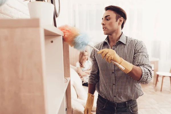 Arab Man Woman Apartment Man Cleans Room Male Dust Brush — Stock Photo, Image