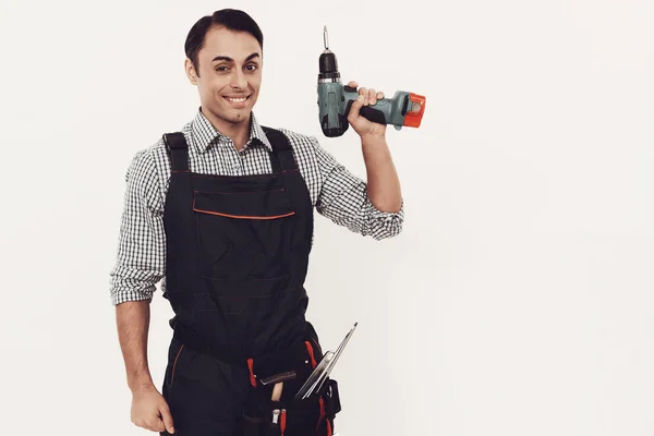 Profissão Construtor Mestre Uniforme Azul Homem Com Ferramentas Trabalho Mestre — Fotografia de Stock