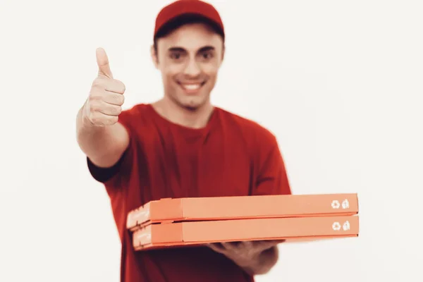 Entrega Mensajería Man Deliveryman Open Pizza Hombre Trabajador Nacionalidad Árabe —  Fotos de Stock
