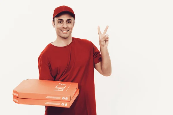 Corriere Sorridente Consegna Uomo Consegnato Con Pizza Nazionalità Araba Operaia — Foto Stock