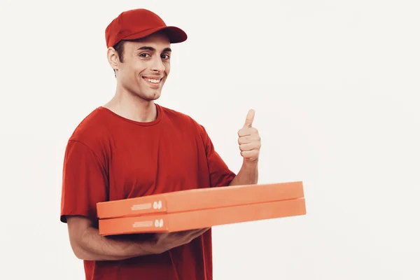 Kurierdienst Mann Liefert Lieferant Mit Pizza Arbeiter Arabischer Nationalität Weißer — Stockfoto