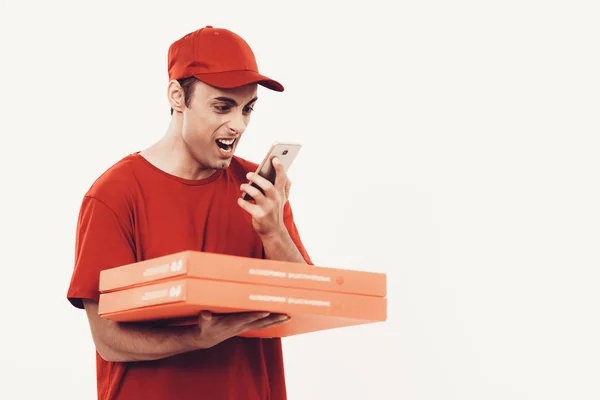 Courier Delivery Man Deliveryman Shouts Phone Worker Man Arab Nationality — Stock Photo, Image