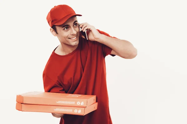 Courier Delivery Man Deliveryman Speaks Phone Worker Man Arab Nationality — Stock Photo, Image