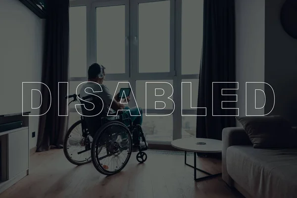 Disabled Man Wheelchair Man Sits Front Window Large Panoramic Window — Stock Photo, Image