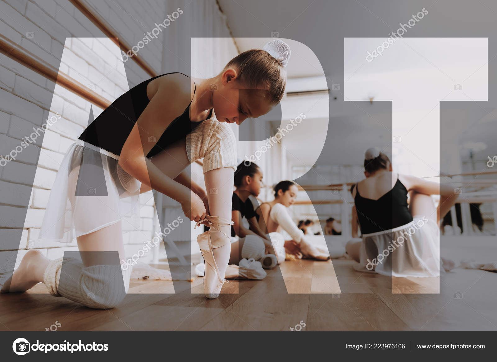 Young Ballerinas Change Tie Pointe Shoes Dance Room Kids Sit