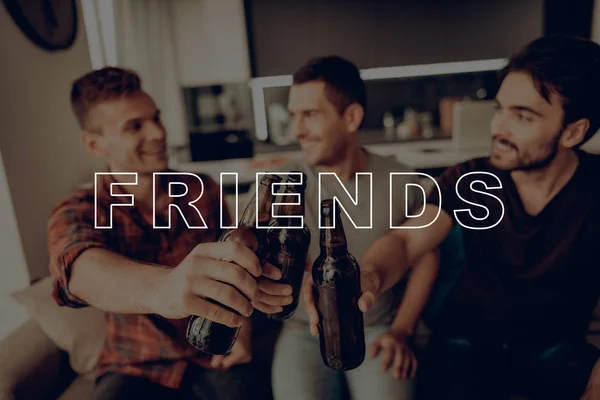 Best Friend Forever. Three Men. Drink Beer. Dark Bottles. Sit on Couch. Smiling. Posing for Photo. Party. Guys. Happy Together. Celebration. Friend. Having Fun. Spend Time Together. Cheerful.