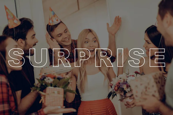 Celebration Guy Prepared Surprise Closed Eyes Hands Girl Birthday Smiles — Stock Photo, Image