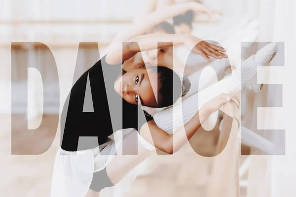 Kids are Stretching and Bending near Ballet Bar. Hard Work in Ballet Class. Cute Little Girls Rehearsing at Class. Ballet Barre Exercises in Dance School. Children in Ballet Wear. Transparent Text.