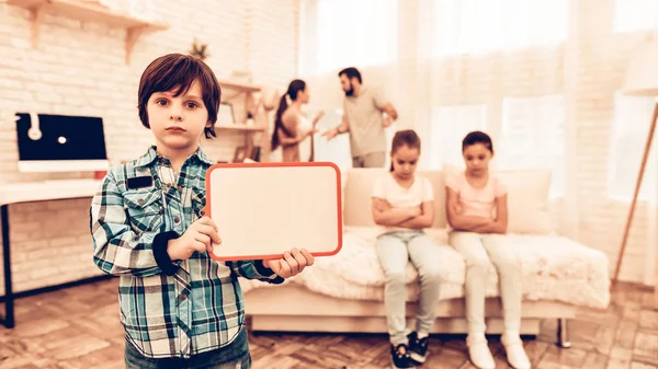 Boy Showing Blank Board Family Background Sad Little Boy Holding — Stock Photo, Image