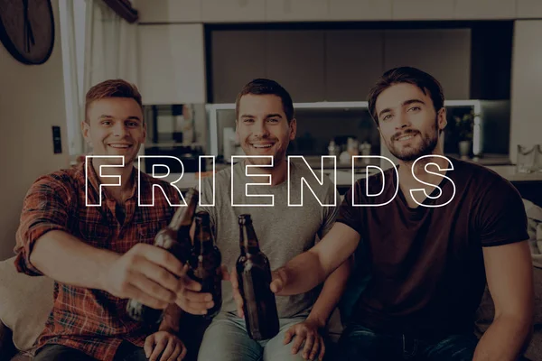 Friends Sit on Couch. Three Men Drink Beer. Guys Hold Dark Bottles. Cheerful Best Friend Forever. Men Having Fun. Friends Smiling and Posing for Photo. Guys Happy Together. Men Spend Time Together.