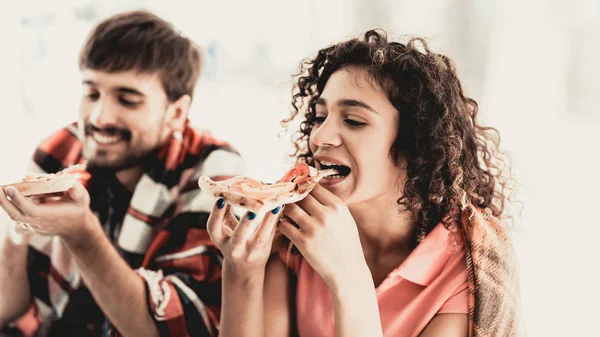 Young Couple Checkered Plaids Eating Pizza Street Food Concept Food — Stock Photo, Image