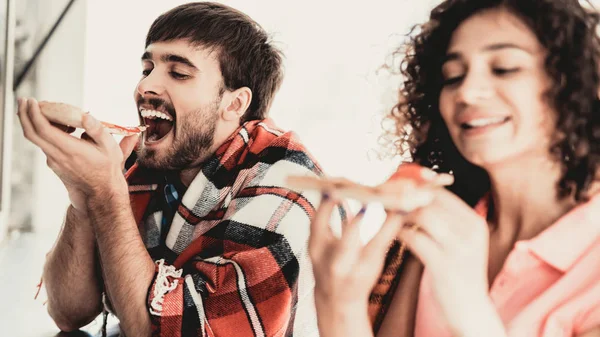 Young Couple Checkered Plaids Eating Pizza Street Food Concept Food — Stock Photo, Image