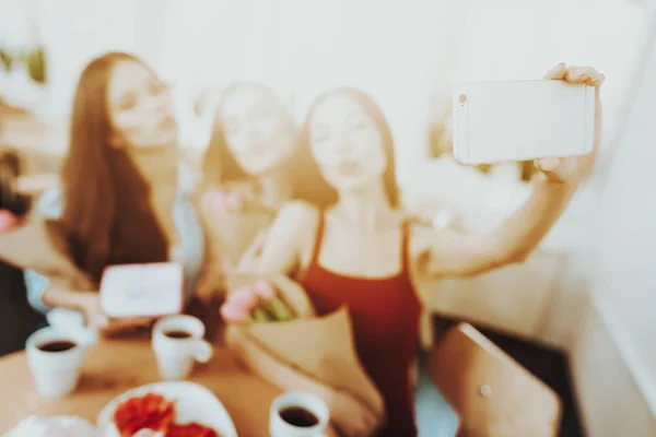 Selfie Celebrate Day March Beautiful Girl Women Drink Tea All — Stock Photo, Image