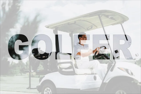Young Golfer Drives Golf Car Luxury Amusement.