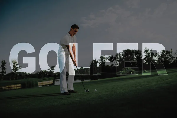 Golfista Profissional Jogador Vai Levar Tiro Bola Está Tee Homem — Fotografia de Stock