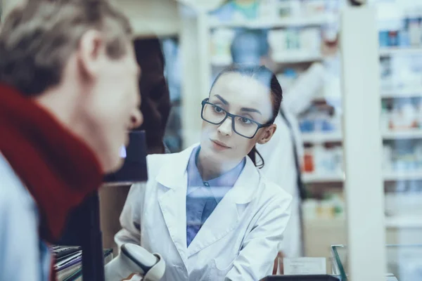 Illness Man Buys Medicament Female Pharmacist Propose Bottle Pills Man — Stock Photo, Image