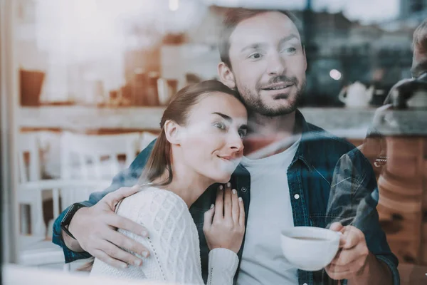 Couple Resting Cafe Couple Beautiful Young Man Woman Couple Looking — Stock Photo, Image