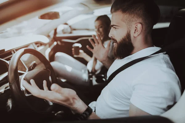 Man Wheel Tesla Car Girl Front Seat Innovation Technology New — Stock Photo, Image