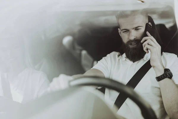 Man Has Phone Call Wheel Tesla Car Innovation Technology New — Stock Photo, Image