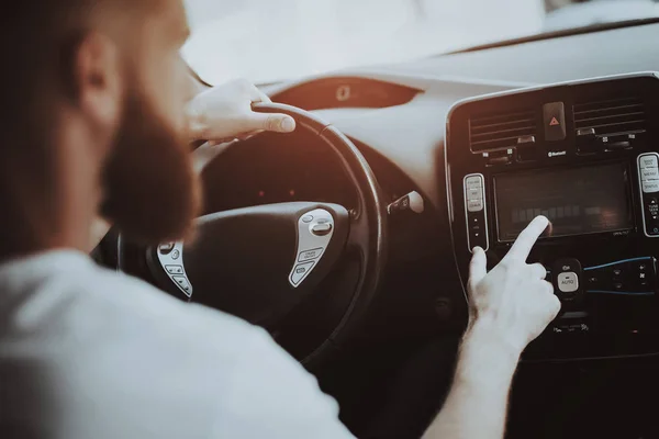 Caucasian Man Tesla Car Front Seat Concept Innovation Technology New — Stock Photo, Image