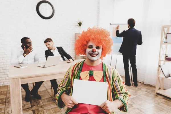 Young Man Clown Costume Meeting Office April Fools Day Businessman — Stock Photo, Image