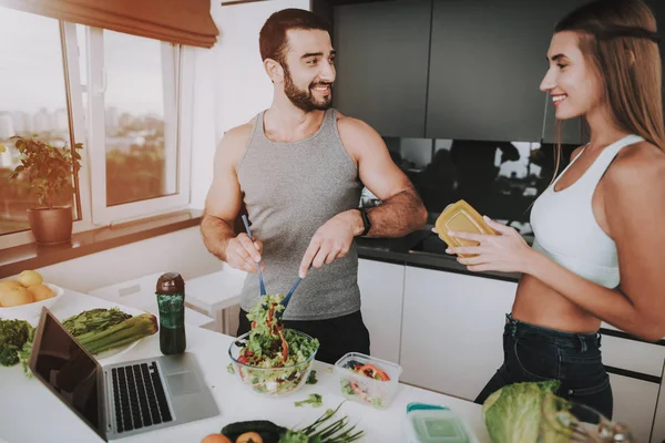 Couple Preparing Salad Breakfast Cooking Together Healthy Lifestyle Young Handsome — Stock Photo, Image