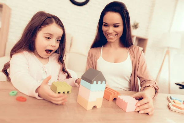 Mother Teaches Daughter Educational Games Learning Child Home Cost House — Stock Photo, Image