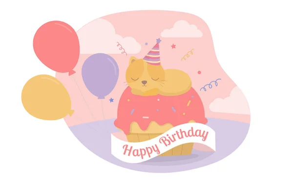 生日宴会上 一只黄色的猫正带着许多气球睡在纸杯蛋糕上 病媒图解 聚会邀请卡 — 图库矢量图片