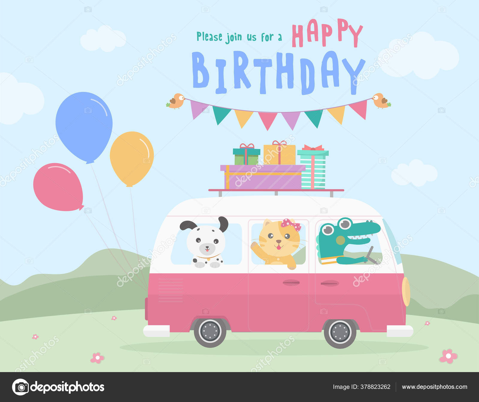 Crocodile Driving Yellow Cat Puppy Birthday Party Pink Van Gift Stock  Vector Image by ©@ #378823262