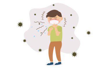 Erkekler öksürüyorlar, maske takıyorlar. Etraflarında mikroplar var. Coronavirus karantinası. Vektör illüstrasyonu