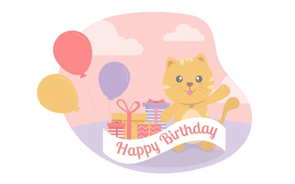 Gato Estaba Lado Caja Regalo Con Globos Muchos Colores Celebrando — Vector de stock