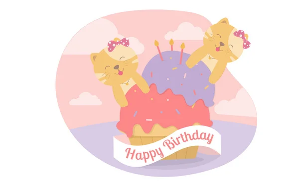 İki sarı kedi, bir doğum günü partisini kutluyor. Vector Illustrator. Parti davetiyesi. Doğum günü partisi çizgi film hayvanı..