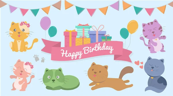 Kedi severler için mutlu yıllar kartı, içinde güzel kediler ve hediyeler olan tebrik kartı. Vektör illüstrasyonu.