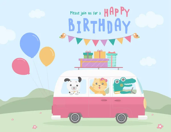 ワニはギフトボックスと多くの風船とピンクのバンの誕生日パーティーに黄色の猫と子犬を運転しています ベクトル イラストレーター 誕生日パーティー招待状 — ストックベクタ