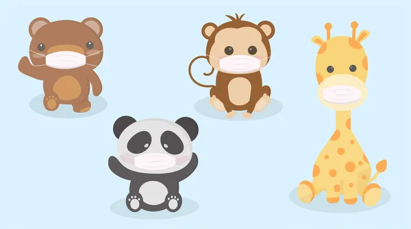 Evcil hayvanlar ve hayvanlar cerrahi maske takarlar. Kovid19 virüsü ve pm2.5 hava kirliliğini korurlar. Vektör illüstrasyonu..