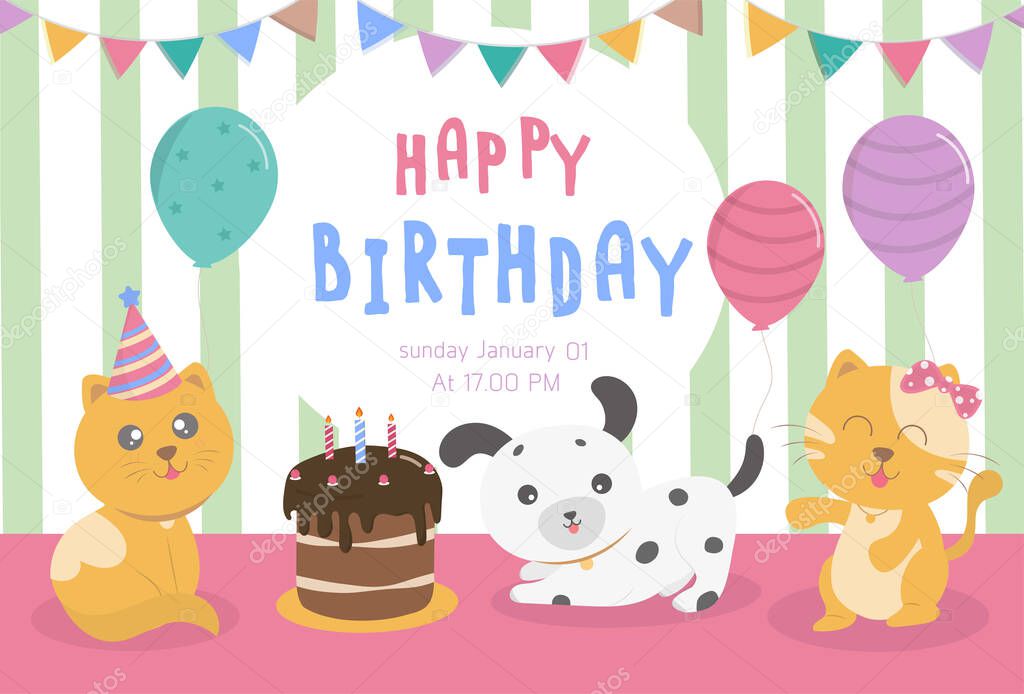 Set of cute cartoon wildlife cat and dog illustration for greeting.invitation birthday card design.Vector illustration