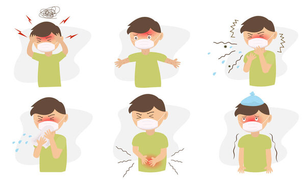 The male character sets have different illnesses, ailments. With headache, stomach ache, coughing, sneezing and body pain.Vector illustration in cartoon style